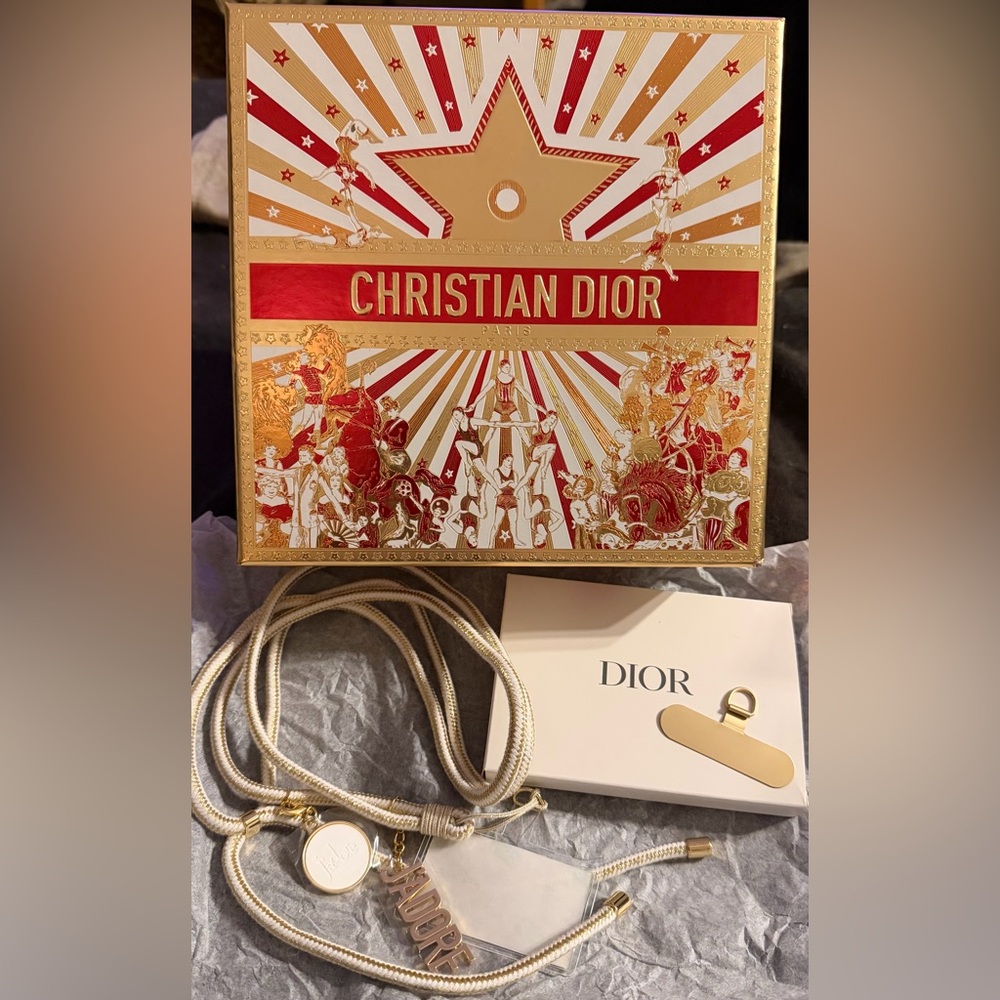 NWT J’Adore Dior gold Phone Strap with adapter tab and DIOR Lunar gift box